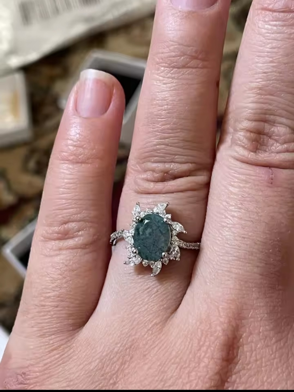 Sterling Silver Ring with Green Moss Agate and Clear Accents